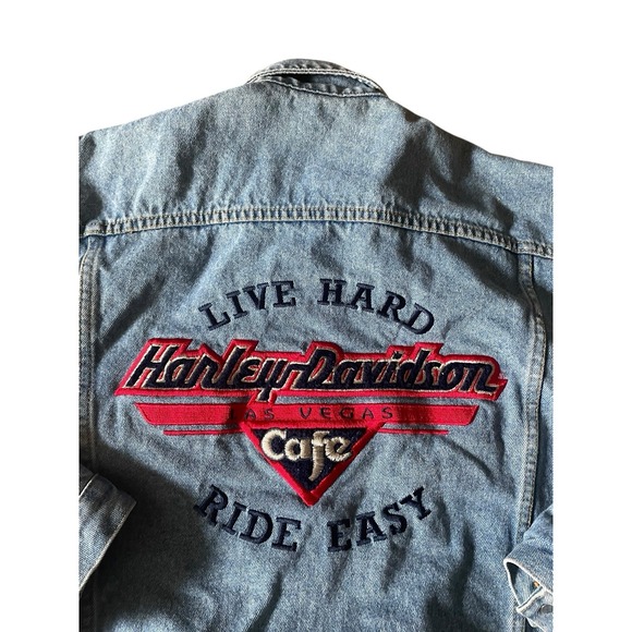 Harley-Davidson Jacket Mens Large Blue Denim Las Vegas Cafe Live To Ride - Picture 6 of 10